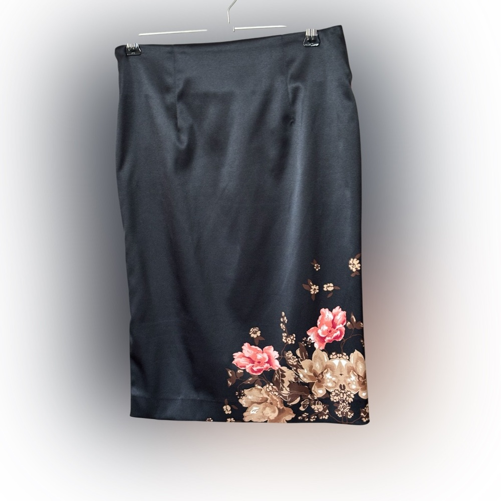 Le Château Y2K Vintage Black Floral Satin Pencil Skirt Side Slit 00 Spring XXS - Picture 3 of 13